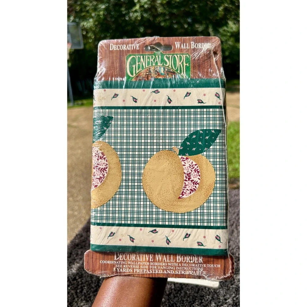 The General Store Wall Border 5 Yds Green Peach Fruit Plaid Vintage New 2pk